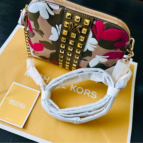 NWT Michael Kors Studded Leather Shoulder Bag Zip camo butterfly gold …